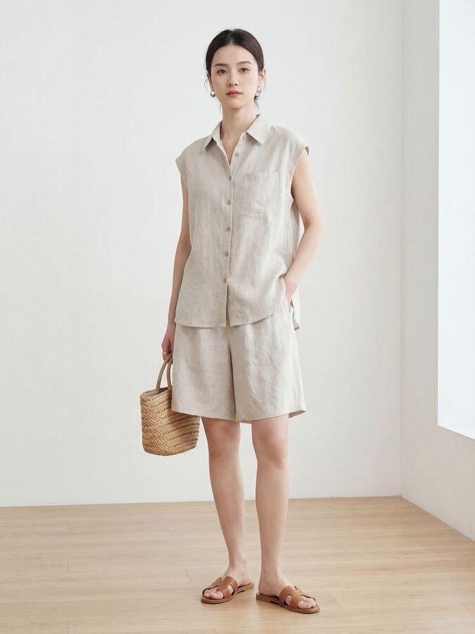 Linen Sleeveless Shirt and Shorts Set