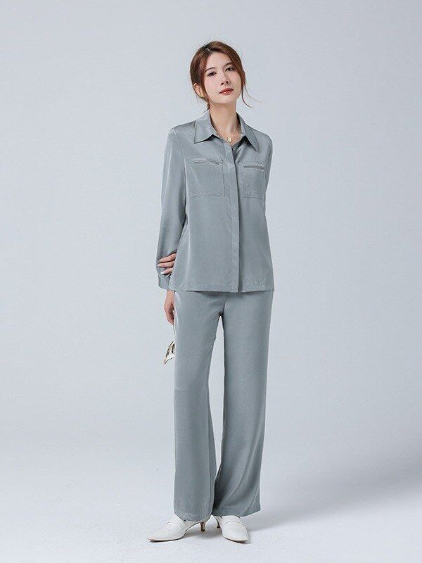 Silk Satin Long Sleeve Office Shirt Set