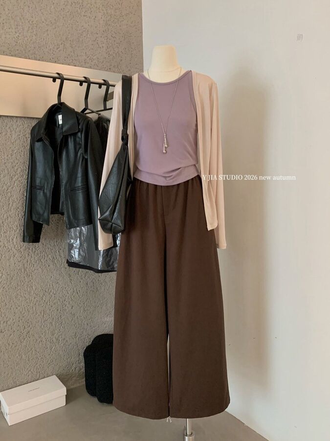 Korean V-neck cardigan vest and wide-leg pants set