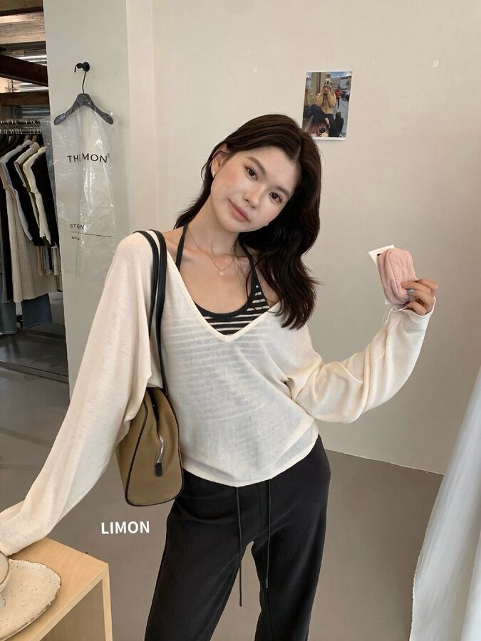Long sleeve knit top and cami set in apricot, light grey, light pink, light blue, and brown